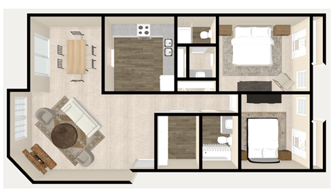 Floor plan for 2 beds, 2 baths, 1256 sqft
